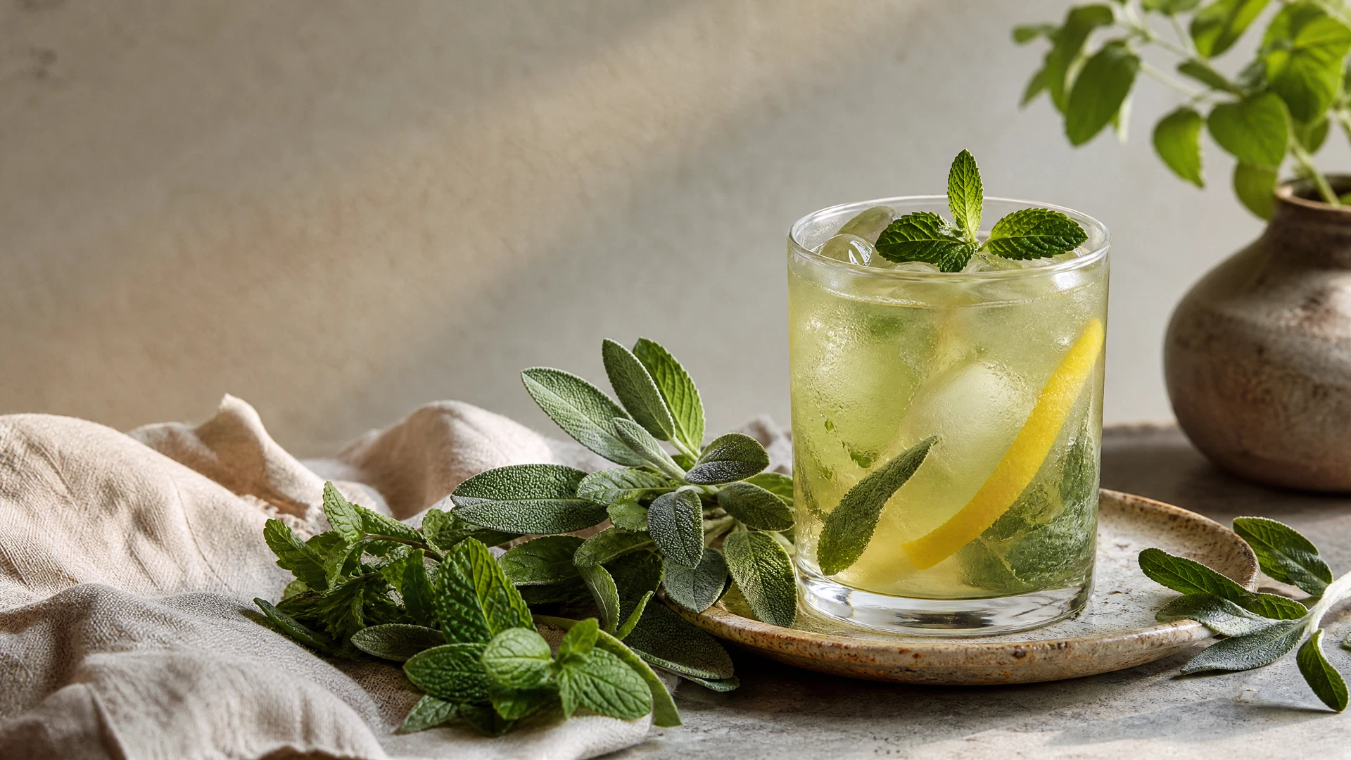 A clear glass of pale green sage and mint tea with fresh sage leaves, lemon peel, and condensation on a linen-covered table