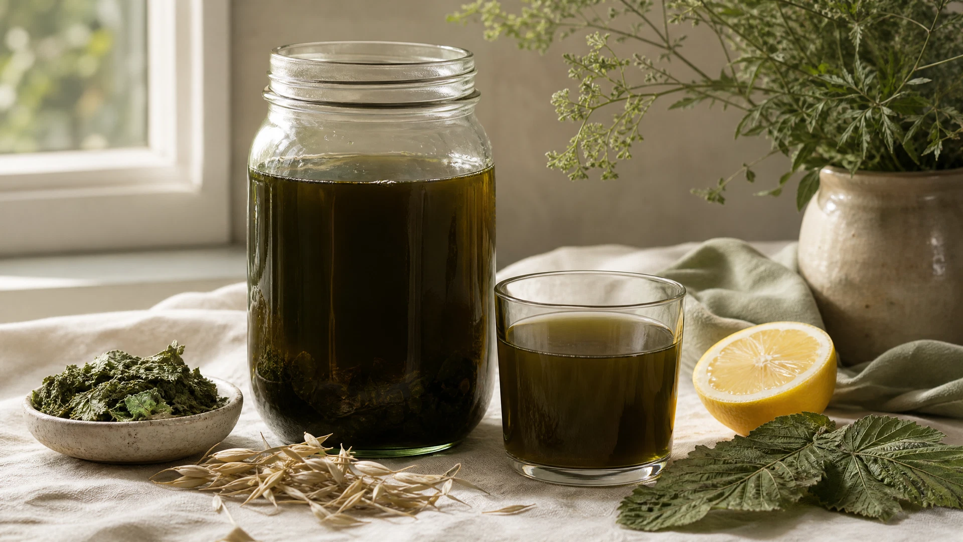 A quart glass jar of deep green nettle infusion beside a breakfast cup, lemon, oat stalks, and dried herbs in soft morning light